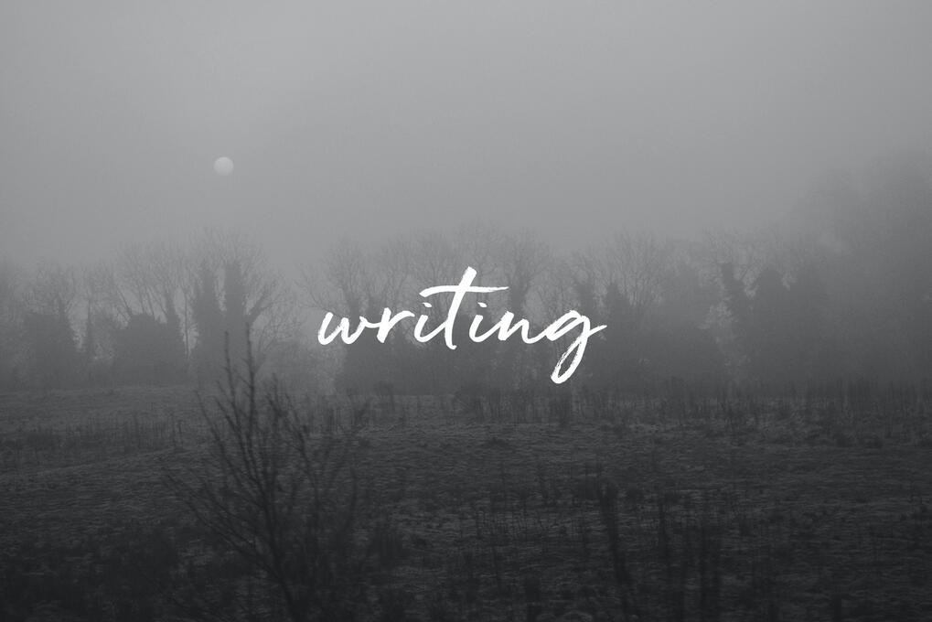 the word "writing" on a dreamy fog-covered landscape of winter trees and a dot for the sun, , by tayylin.com