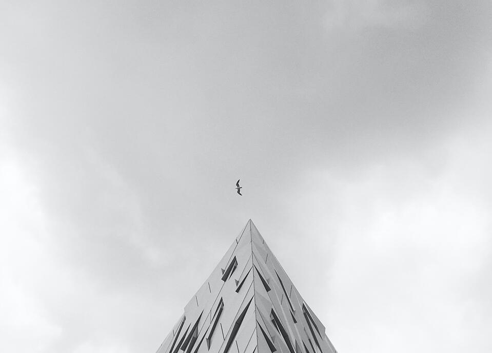 black and white photo of a pointed building with a bird flying past